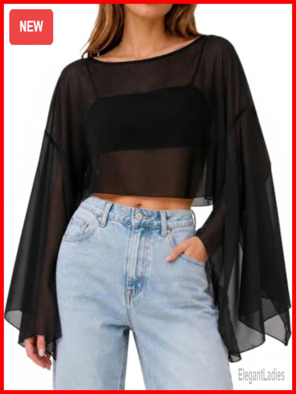 Women Sheer Mesh Crop Top Boat Neck Bell Long Sleeve Blouse